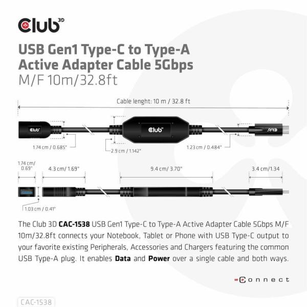 BAZAR - Club3D Kabel USB-C na USB-A,  Aktivní adaptér/ kabel,  5 Gbps (M/ F),  10m - Rozbaleno (Komplet)6