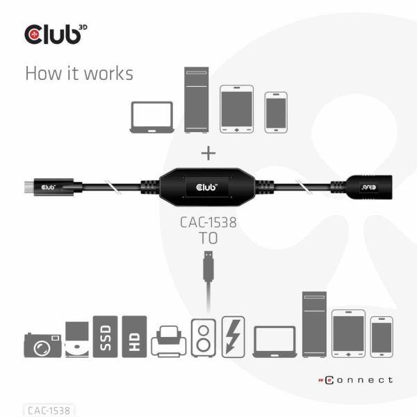 BAZAR - Club3D Kabel USB-C na USB-A, Aktivní adaptér/kabel, 5 Gbps (M/F), 10m - Rozbaleno (Komplet)1