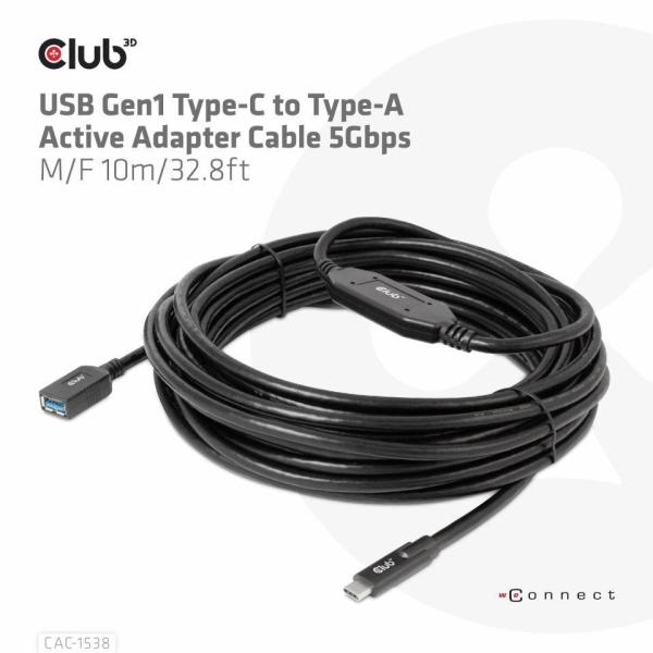 BAZAR - Club3D Kabel USB-C na USB-A,  Aktivní adaptér/ kabel,  5 Gbps (M/ F),  10m - Rozbaleno (Komplet)4