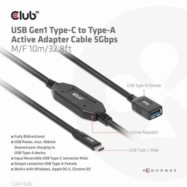 BAZAR - Club3D Kabel USB-C na USB-A, Aktivní adaptér/kabel, 5 Gbps (M/F), 10m - Rozbaleno (Komplet)6