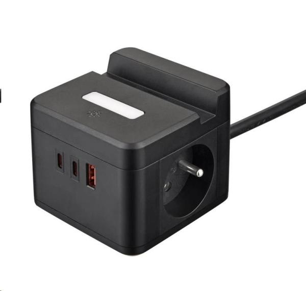 Viking síťový adaptér YC23H,  2x 230 V,  1x USB-A,  2x USB-C,  dotykové světlo,  funkce stojánku,  černá