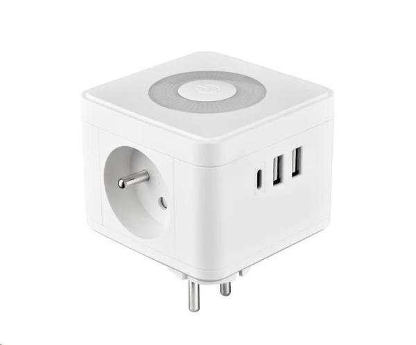 Viking síťový adaptér Y23L,  2x 230 V,  1x USB-A,  2x USB-C,  dotykové světlo,  bílá