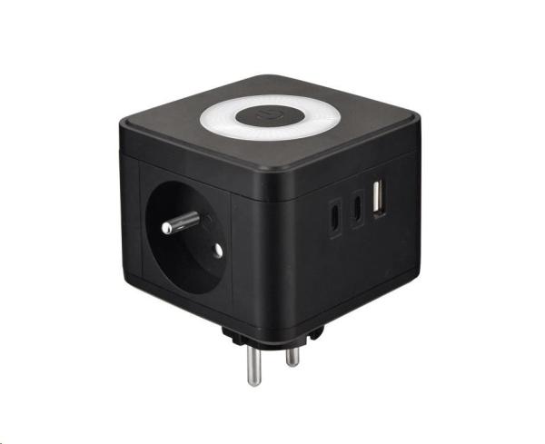 Viking síťový adaptér Y23L,  2x 230 V,  1x USB-A,  2x USB-C,  dotykové světlo,  černá