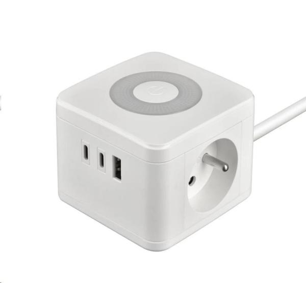 Viking síťový adaptér YC23L, 2x 230 V, 1x USB-A, 2x USB-C, dotykové světlo, délka 1,4 m, bílá