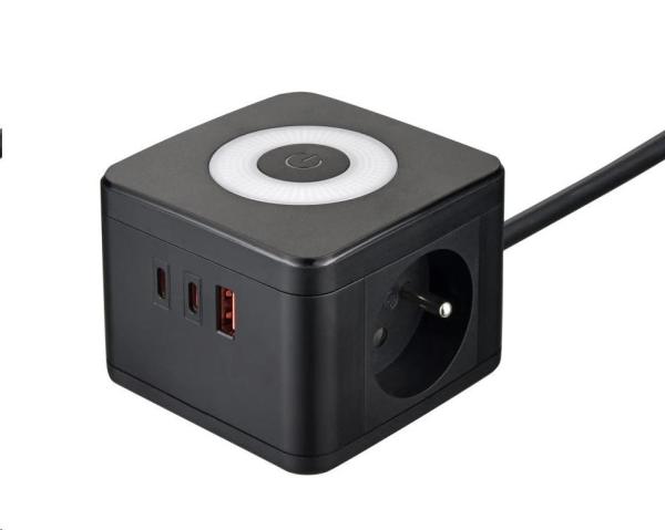 Viking síťový adaptér YC23L, 2x 230 V, 1x USB-A, 2x USB-C, dotykové světlo, délka 1,4 m, černá