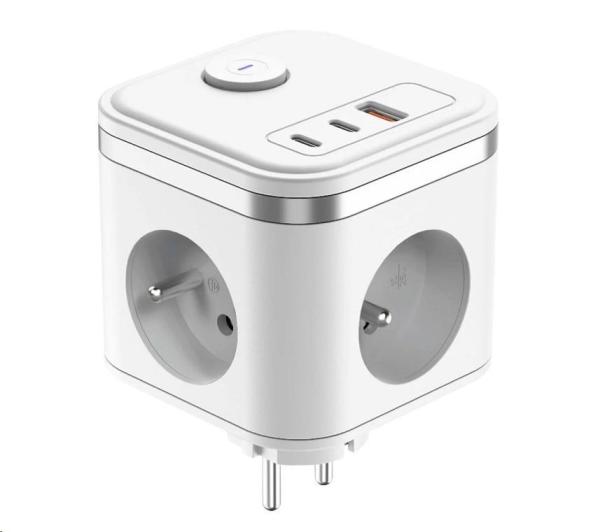 Viking síťový adaptér Y33,  3x 230 V,  1x USB-A,  2x USB-C,  tlačítko ON/ OFF,  bílá