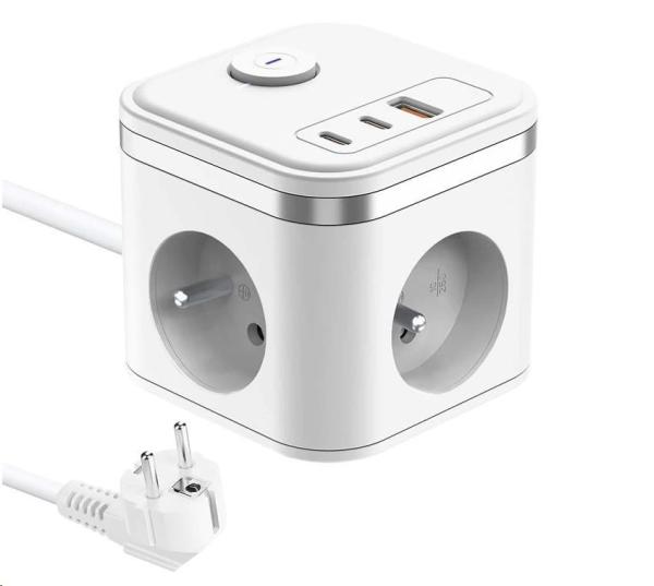 Viking síťový adaptér YC33,  3x 230 V,  1x USB-A,  2x USB-C,  tlačítko ON/ OFF,  délka 1, 4 m,  bílá