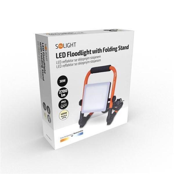 Solight LED reflektor se sklopným stojanem, 30W, 2700lm, 4000K, kabel se zástrčkou, IP651