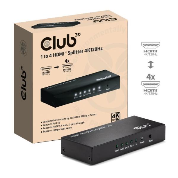 Club3D Video rozbočovač 1:4 HDMI 2.0 4K120Hz,  4 porty,  černá