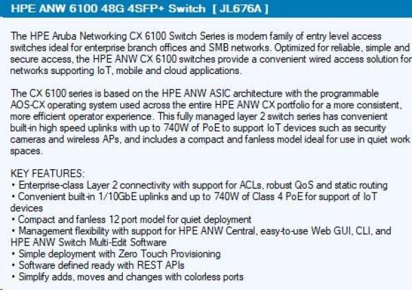 HPE Aruba Networking CX6100 48G 4SFP+ Switch RENEW JL676A7