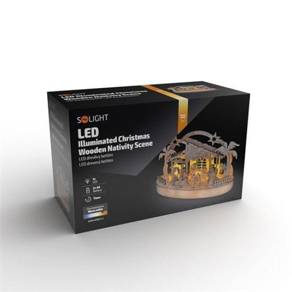 Solight vánoční dřevěný betlém podsvícený, 5x LED, přírodní dřevo, 25cm, 2x AA4