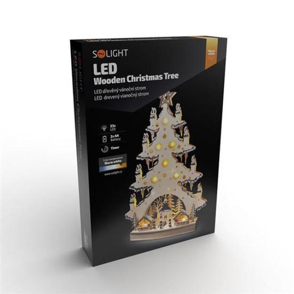 Solight LED dřevěný vánoční stromek s dekoracemi, 23x LED, přírodní barva, 64cm, 2x AA2