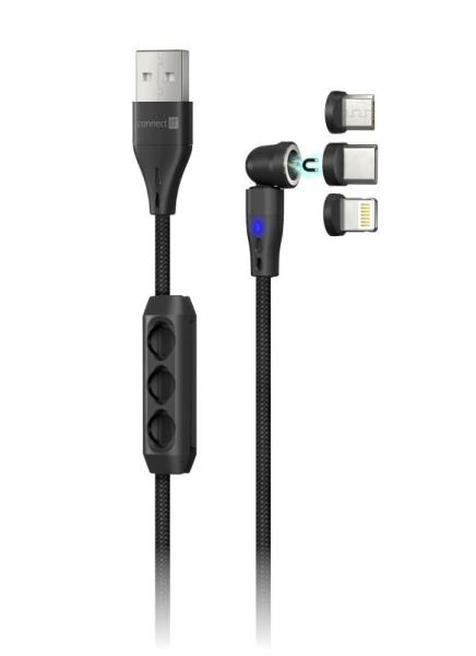 CONNECT IT Magnetický kabel PowerLink 3v1, USB-C  Lightning  MicroUSB, 2m, černá