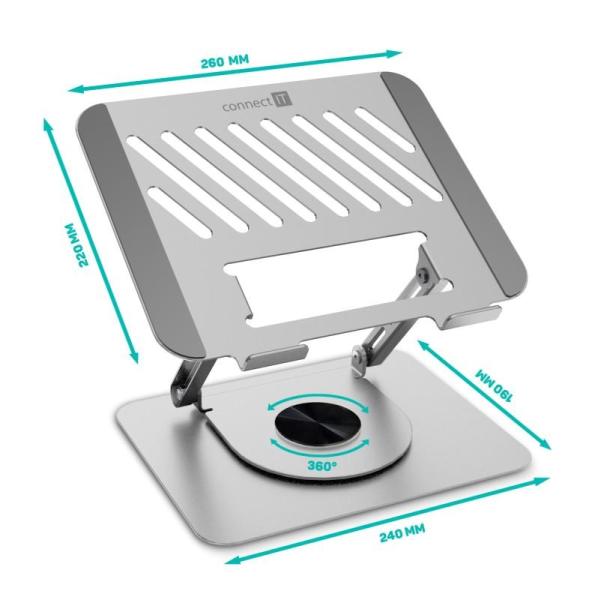 CONNECT IT Stojan na notebook Rotary, otočný, až 15.6", stříbrná3