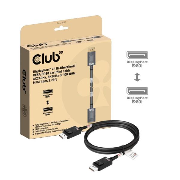 Club3D Kabel DisplayPort 2.1 na DisplayPort 2.1, DP80, 4K120Hz 10K60Hz (M M), 1.6m, černá