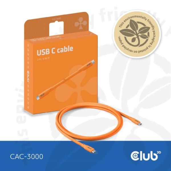 Club3D Kabel USB-C 4.0, 20Gbps, 4K60Hz, PD 240W, 2m, oranžová2