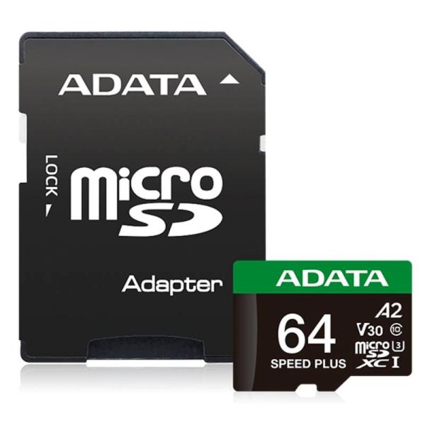 ADATA MicroSDXC karta 64GB Speed Plus,  U3,  C10,  A2,  V30 (R:160/ W:140 MB/ s) + SD adaptér