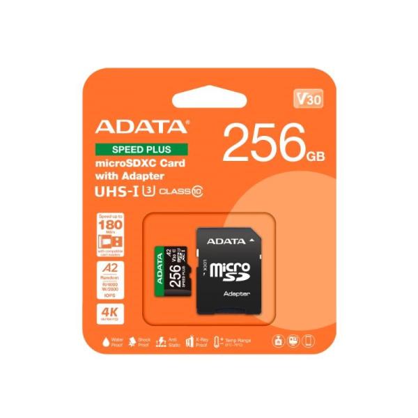 ADATA MicroSDXC karta 256GB Speed Plus, U3, C10, A2, V30 (R:180/W:160 MB/s) + SD adaptér2