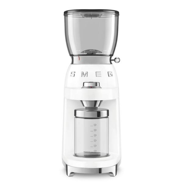 Smeg CGF01WHEU,  mlýnek na kávu,  150 W,  nastavitelná hrubost,  nerezový mlýnek,  nádoba z tritanu,  bílý