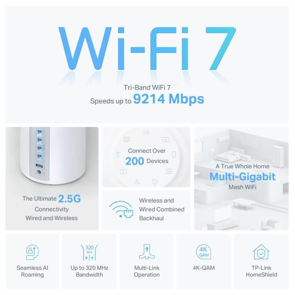 TP-Link Deco BE65(3-pack) WiFi7 Mesh(BE9300, 2, 4GHz/ 5GHz/ 6GHz, 4x2, 5GbELAN/ WAN,  1xUSB3.0)2