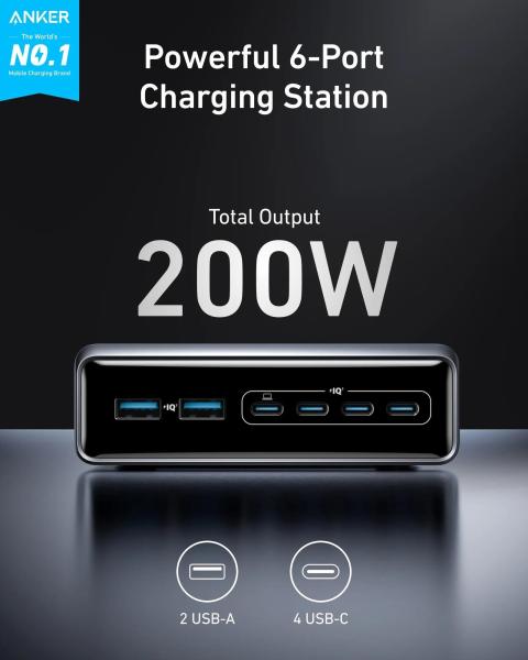 Anker Prime Charger, 200W stolní GaN nabíčjeka, 4x USB-C, 2x USB-A, PowerIQ 3.0, podpora PPS1