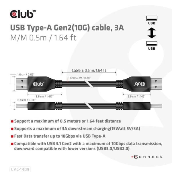 Club3D Kabel USB 3.2 Gen2 Typ-A,  3A M/ M,  50 cm3