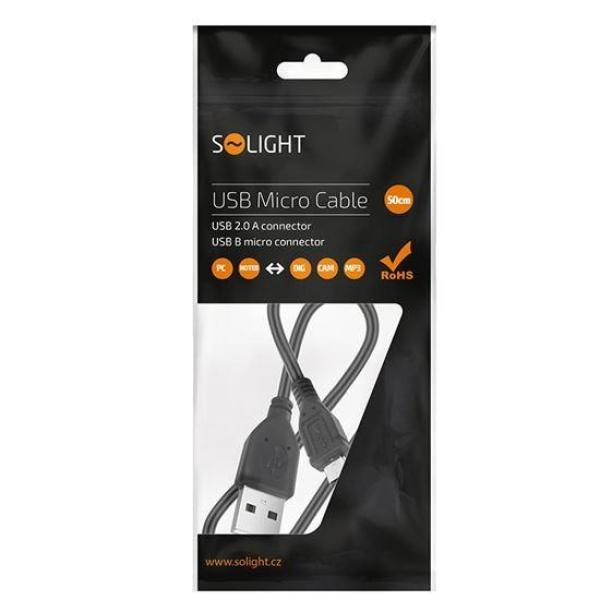 Solight USB kabel, USB 2.0 A konektor - USB B micro konektor, sáček, 50cm2