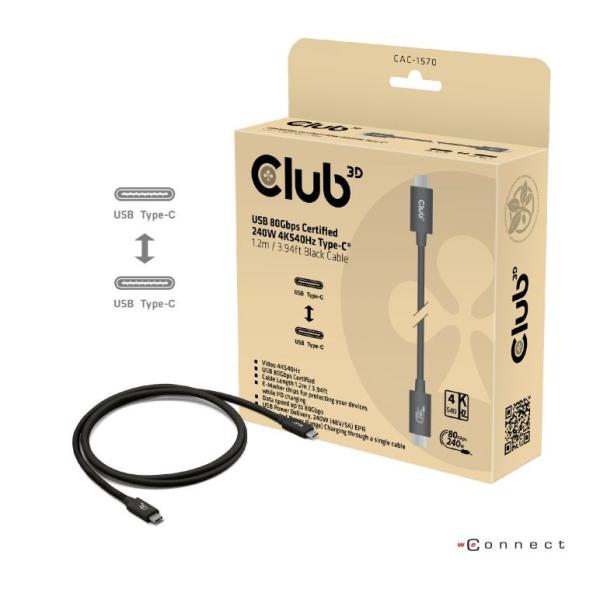 Club3D Kabel USB4 v2 Typ-C,  80Gbps,  Certifikovaný kabel,  4K540Hz,  8K240Hz,  16K60Hz,  PD 240W,  1, 2m