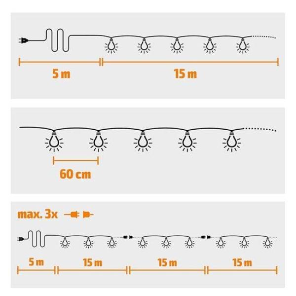 Solight LED venkovní řetěz s žárovkami,  25 žárovek,  15m+5m,  20W,  teplá bílá8