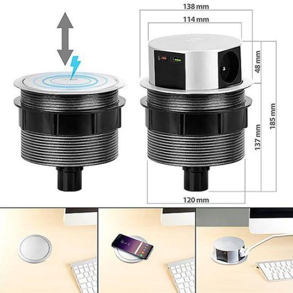 Solight 3z + USB A+C + Wireless 10W výsuvný blok zásuvek, kruhový tvar, prodlužovací přívod 2m, 3 x 1, 5mm24