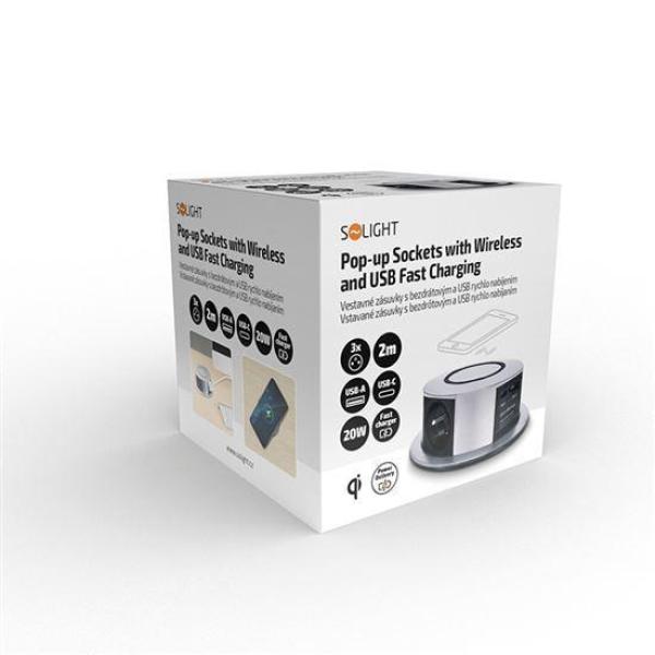 Solight 3z + USB A+C 20W PD,  Wireless 10W,  výsuvný blok zásuvek,  2m,  stříbrný3