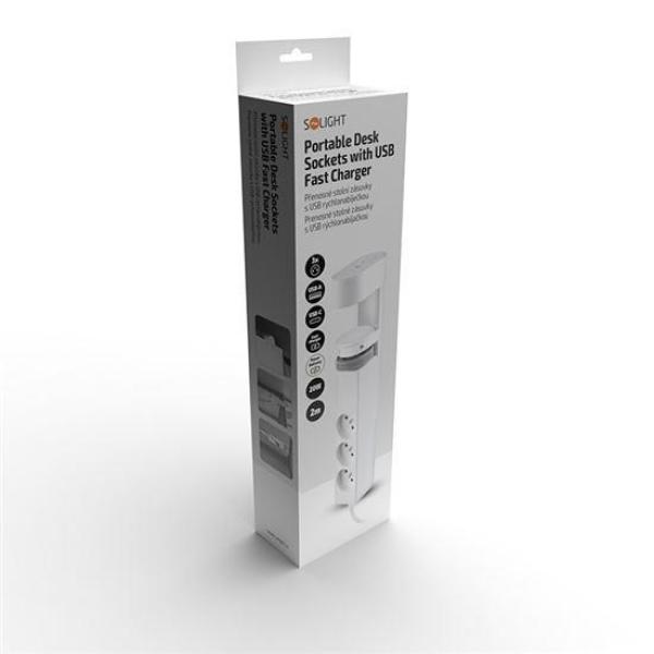 Solight 3z + USB A+C přenosné stolní zásuvky, 2m, bílá, USB rychlonabíječka 20W PD2