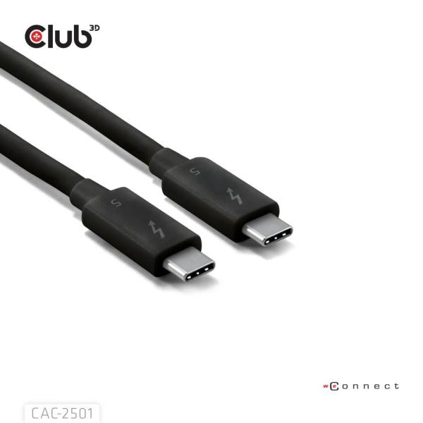 Club3D Kabel Thunderbolt 5,  80/ 120Gbps,  Certifikovaný kabel,  1x 4K540Hz,  2x8K240Hz,  PD 240W,  1m3