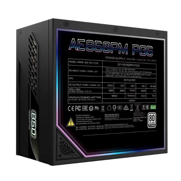 GIGABYTE zdroj AE850PM PG5,  850W,  80+ Platinum,  120mm fan,  černá5