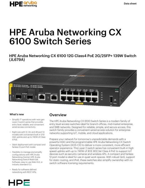 HPE Aruba Networking CX 6100 12G Class4 PoE 2G/ 2SFP+ 139W Switch1