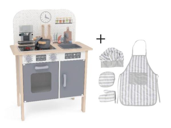 Dětská dřevěná kuchyňka Classic s rozšířeným příslušenstvím + textilní set ZDARMA