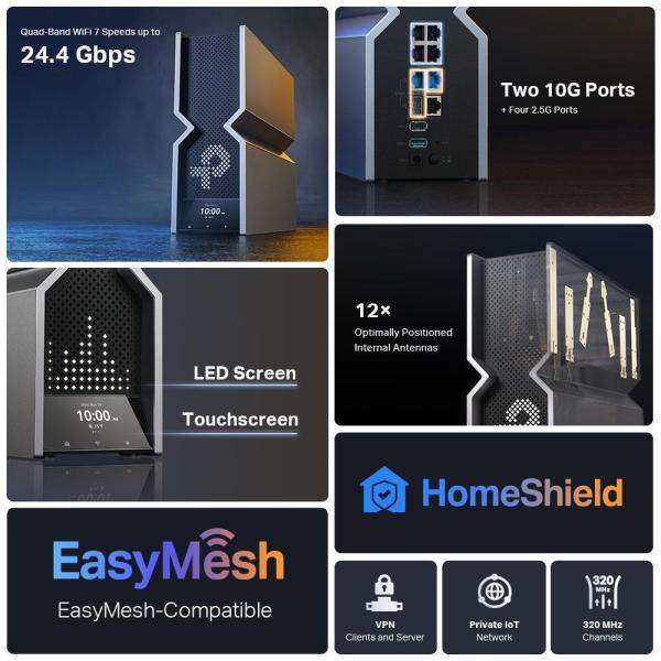 TP-Link Archer BE900 OneMesh/ EasyMesh WiFi7 router(BE24000, 2, 4GHz/ 5GHz/ 6GHz, 1x10GbELAN/ WAN, 1xSFP+/ 10GbEWAN/ LAN, 4x2, 5GbE)2