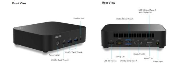 ASUS NUC 14 Essential RNUC14MNK1500002/ N150 Procesor/ DDR5-4800 SODIMM/ USB-A, C/ M.2 2280/ Wi-Fi/ LAN/ EU Napájecí kabel3