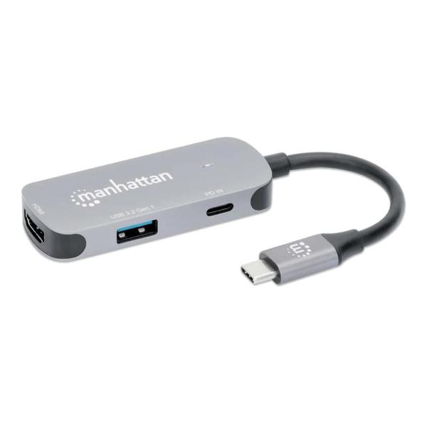 MANHATTAN Dokovací stanice USB-C na HDMI,  USB-C PD 100W,  USB-A,  šedá