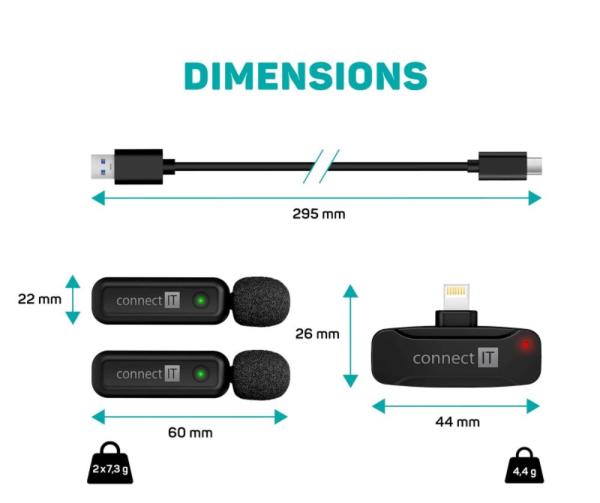 CONNECT IT Mikrofon ClipMic, 2x Bezdrátový Lavalier mikrofón s přijímačem, Lightning konektor, černá1