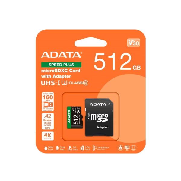 ADATA MicroSDXC karta 512GB Speed Plus,  U3,  C10,  A2,  V30 (R:180/ W:160 MB/ s) + SD adaptér2