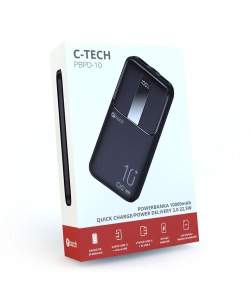 C-TECH Powerbanka 10000mAh,  Li-Pol,  22, 5W,  USB-C/ USB-A/ micro USB6