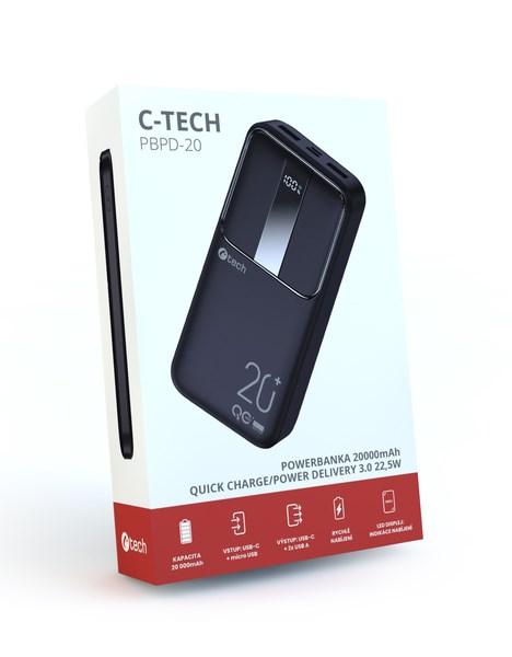 C-TECH Powerbanka 20000mAh,  Li-Pol,  22, 5W,  USB-C/ USB-A/ micro USB7