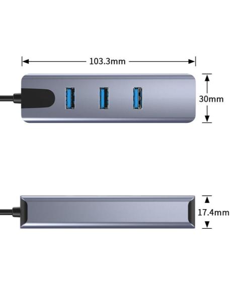 PremiumCord Adapter USB-C na Gigabit 10/ 100/ 1000Mbps + 3x USB3.2 konektor3