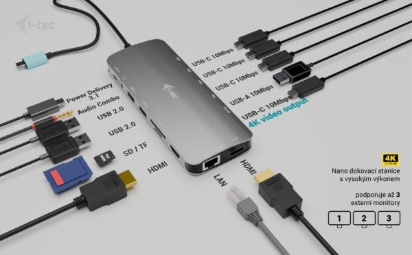 i-tec USB-C Metal Nano 3x Display Dock,  2x HDMI 1x USB-C video, PD 140W + Universal Charger 140 W4
