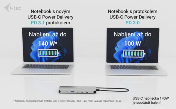 i-tec USB-C Metal Nano 3x Display Dock,  2x HDMI 1x USB-C video, PD 140W + Universal Charger 140 W8