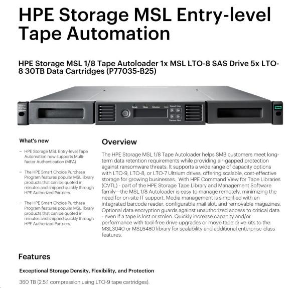 HPE Storage MSL 1/ 8 Tape Autoloader 1xMSL LTO8 SAS Drive 5xLTO8 30TB Data Cartr (R1R75B+AH166A+Q6Q68A+5xQ2078A+Q2015A)1