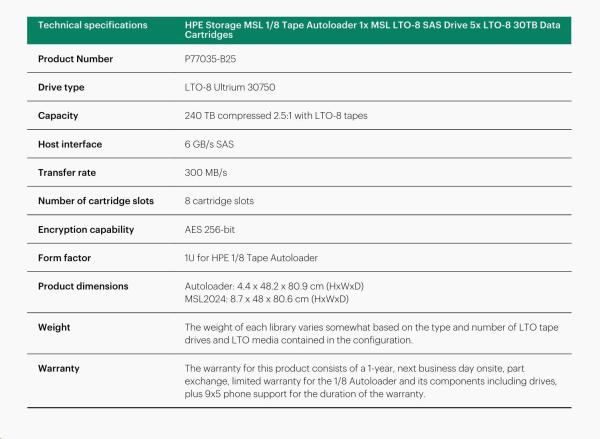 HPE Storage MSL 1/ 8 Tape Autoloader 1xMSL LTO8 SAS Drive 5xLTO8 30TB Data Cartr (R1R75B+AH166A+Q6Q68A+5xQ2078A+Q2015A)3
