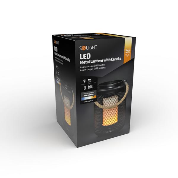 Solight kovová lucerna s LED svíčkou,  teplá bílá,  3xAA,  černá,  20cm5