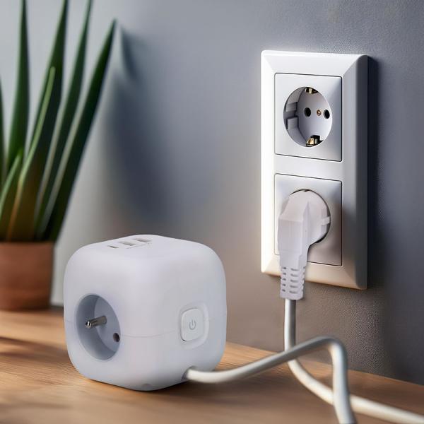 Solight 3z + USB A+C prodlužovací přívod - kostka,  kabel 2m,  3 x 1mm2,  bílý,  vypínač1